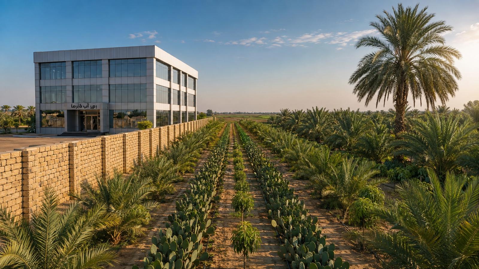 Modern building beside cultivated rows of plants and palm trees