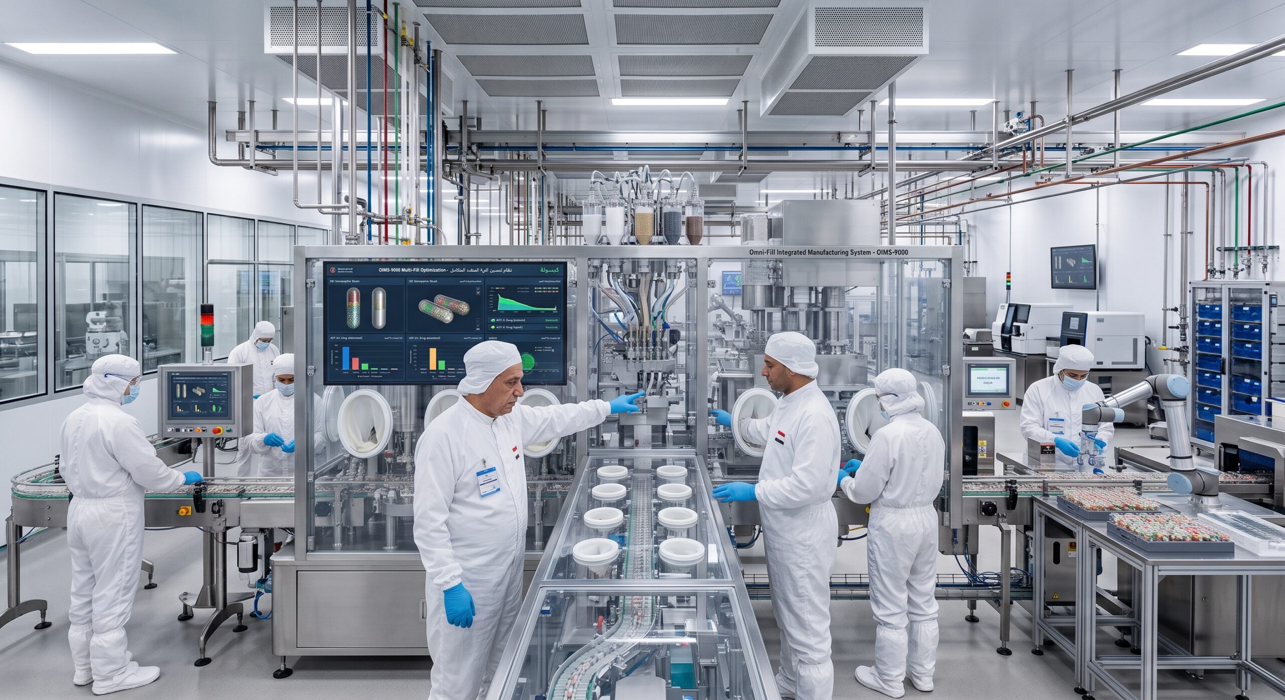 Team working beside pharmaceutical manufacturing equipment