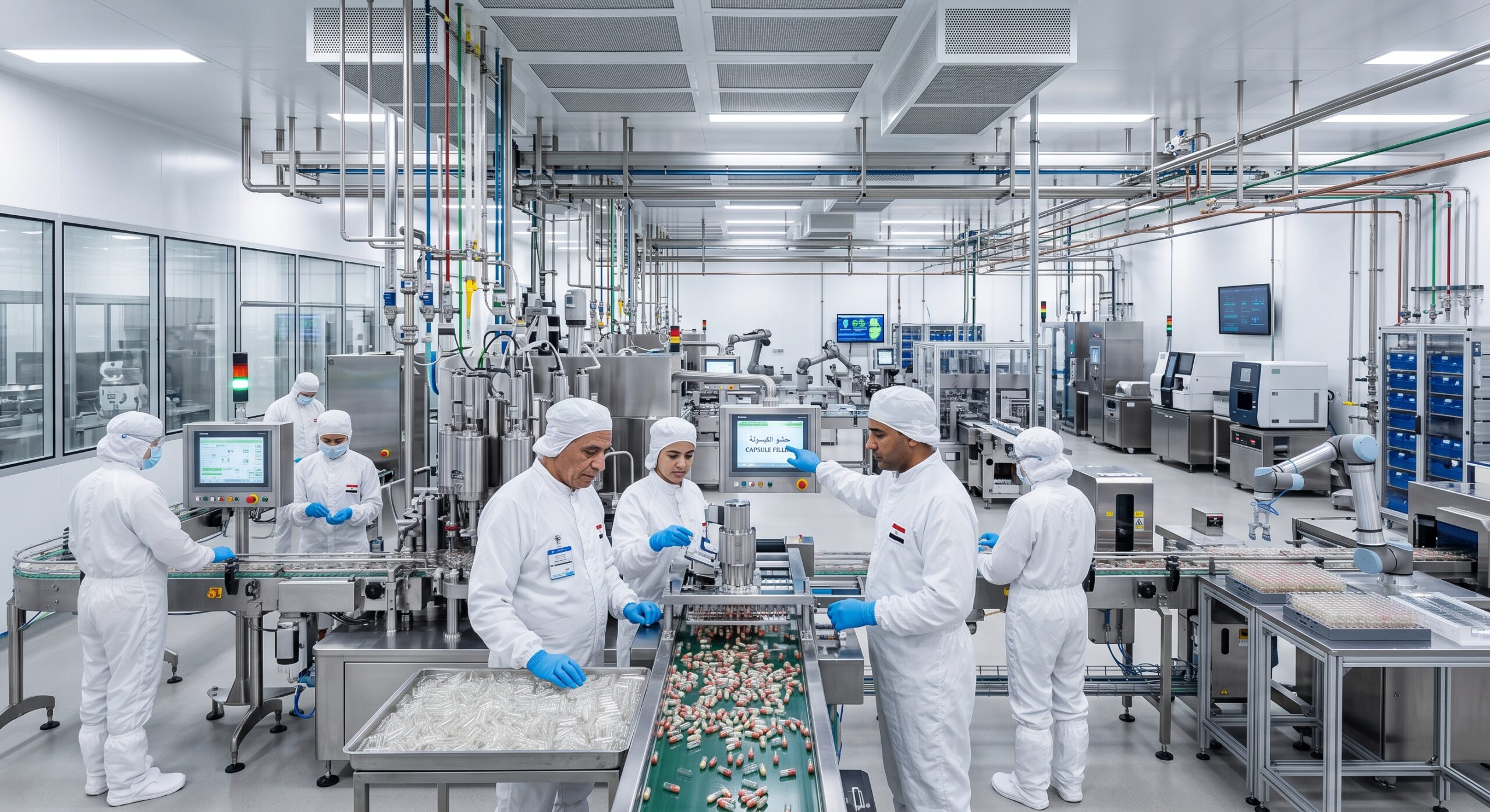 Production team examining a capsule manufacturing line